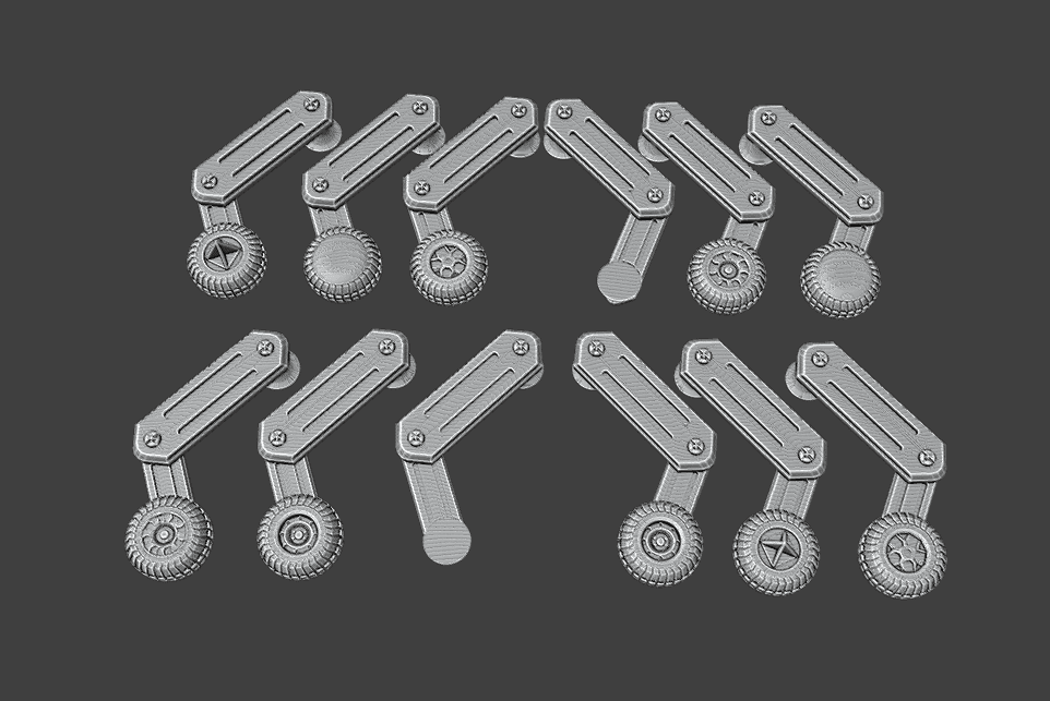 Gaslands 20mm Scale Wheeled Leg Set – 3D Printable Mechanical Upgrade Kit for Vehicular Combat Games