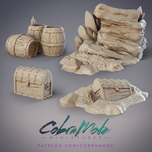 Pirate Scatter Terrain Pack - Barrels, Treasure Chest, Buried Treasure, Treasure Isle