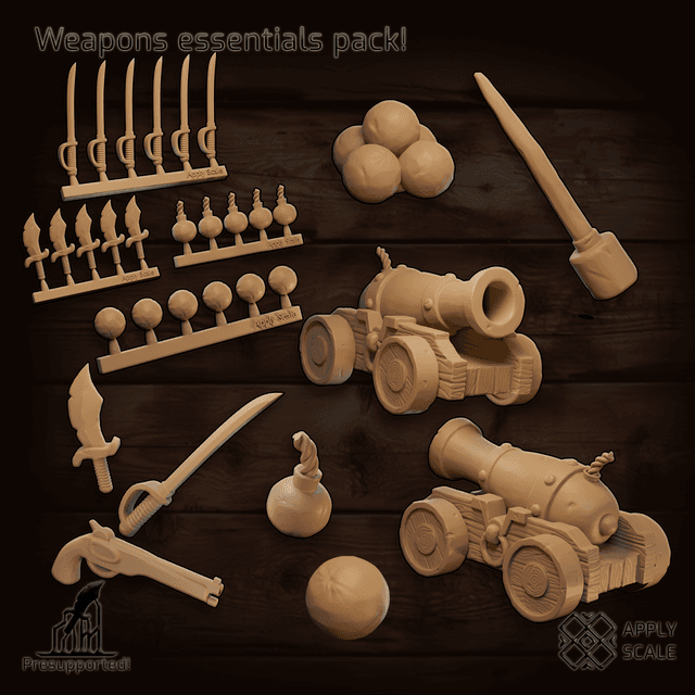 Pirate weapons essentials pack (cannon, cannon balls, gun, knife, sword, bomb)